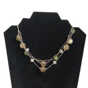 Green & Beige Translucent Beaded Silver Toned Triple Strand Statement Necklace